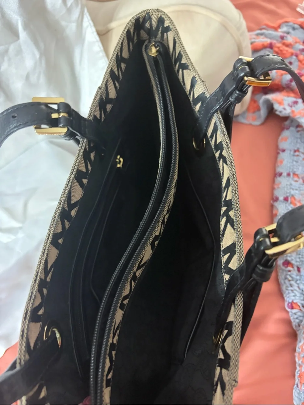 Michael Kors Black MK Logo Tote with Brown Canvas